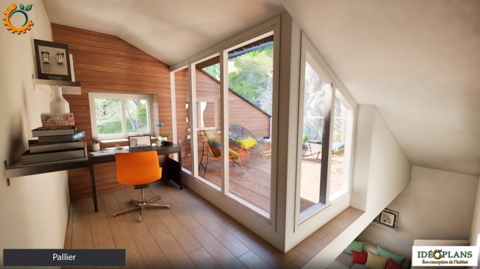 Bureau moderne avec chaise orange et grandes fenêtres donnant sur un espace extérieur.