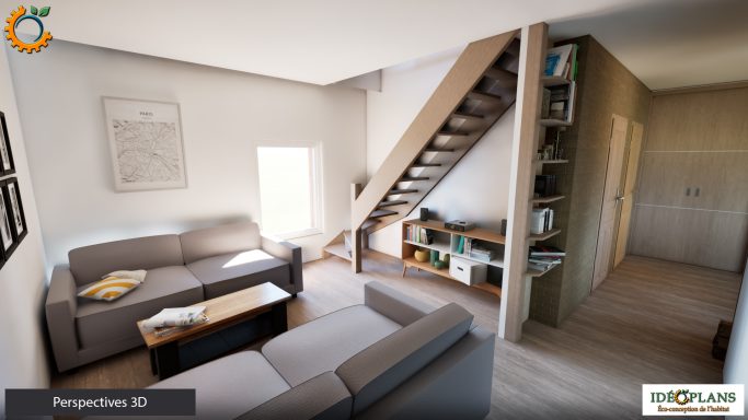 Intérieur d'un salon moderne avec un canapé, une table basse et un escalier menant à l'étage.