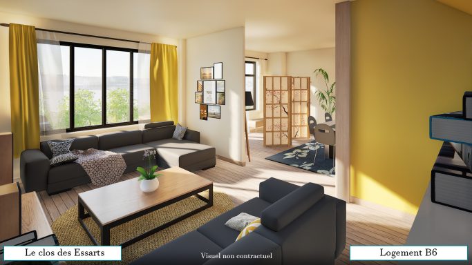 Intérieur moderne et lumineux avec canapés, table basse et murs jaunes.