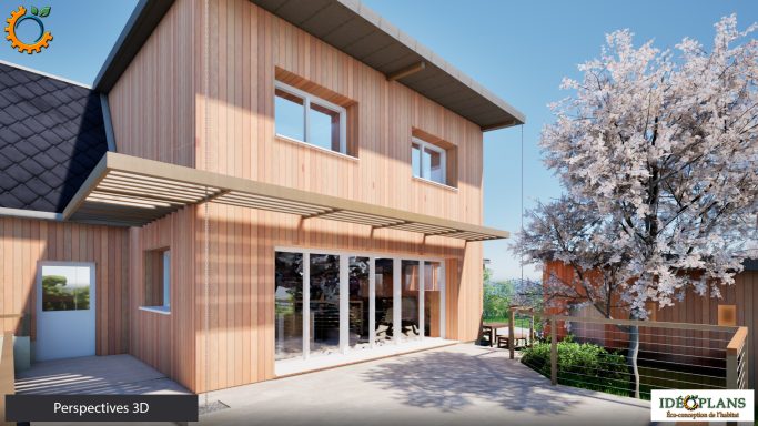 Maison moderne en bois avec grandes fenêtres et jardin, sous un ciel bleu.