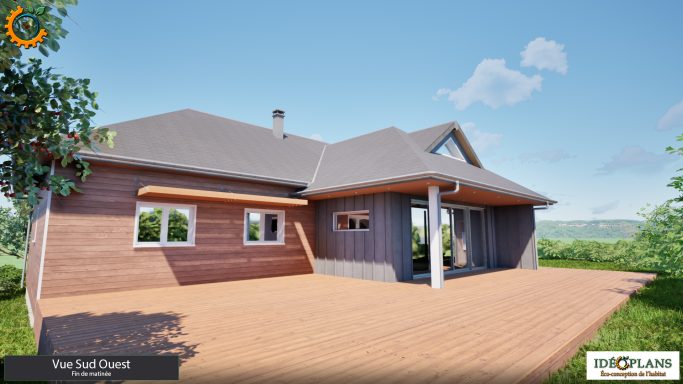 Maison moderne en bois avec une terrasse spacieuse et un jardin verdoyant.