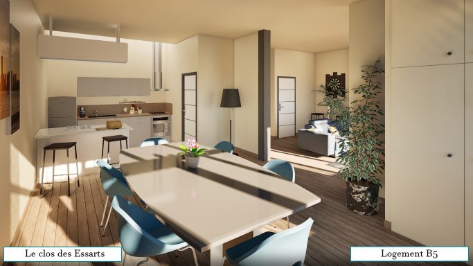 Intérieur moderne d'un salon et salle à manger lumineux avec cuisine ouverte.