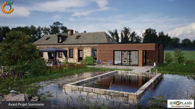 Maison moderne avec piscine et jardin, entourée de verdure sous un ciel nuageux.