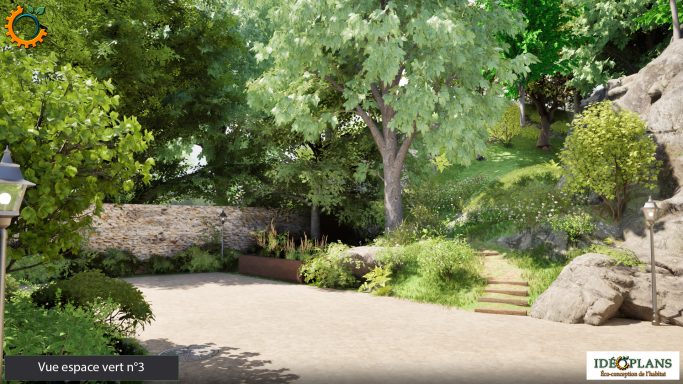 Un chemin de gravier bordé d'arbres et de verdure dans un jardin paisible.