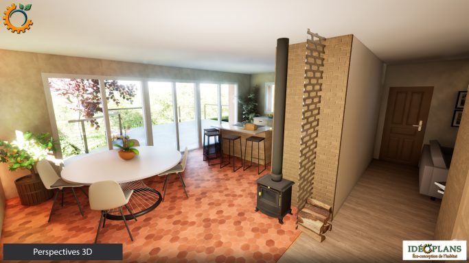 Intérieur d'une cuisine moderne avec une table ronde, poêle et grandes fenêtres donnant sur l'extérieur.